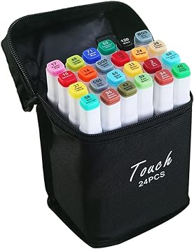 Kit Caneta Colorida Ponta Dupla 24Pçs com Estojo (Versão Pretas ou Brancas)