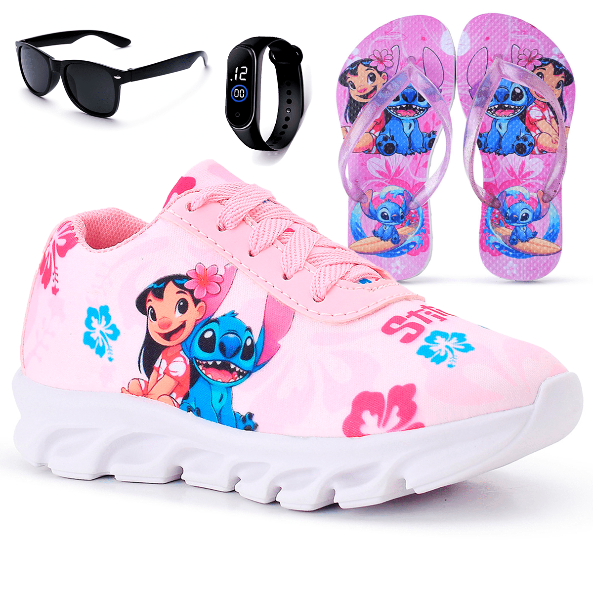 Kit Tênis Infantil Stitch Menina Casual + Chinelo + Óculos + Relógio Digital