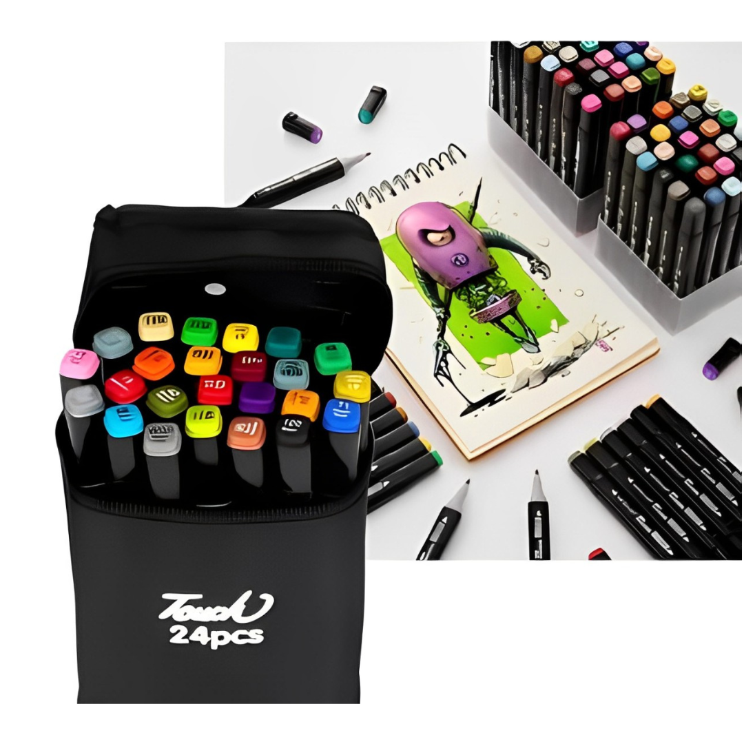 Kit Caneta Colorida Ponta Dupla 24Pçs com Estojo (Versão Pretas ou Brancas)