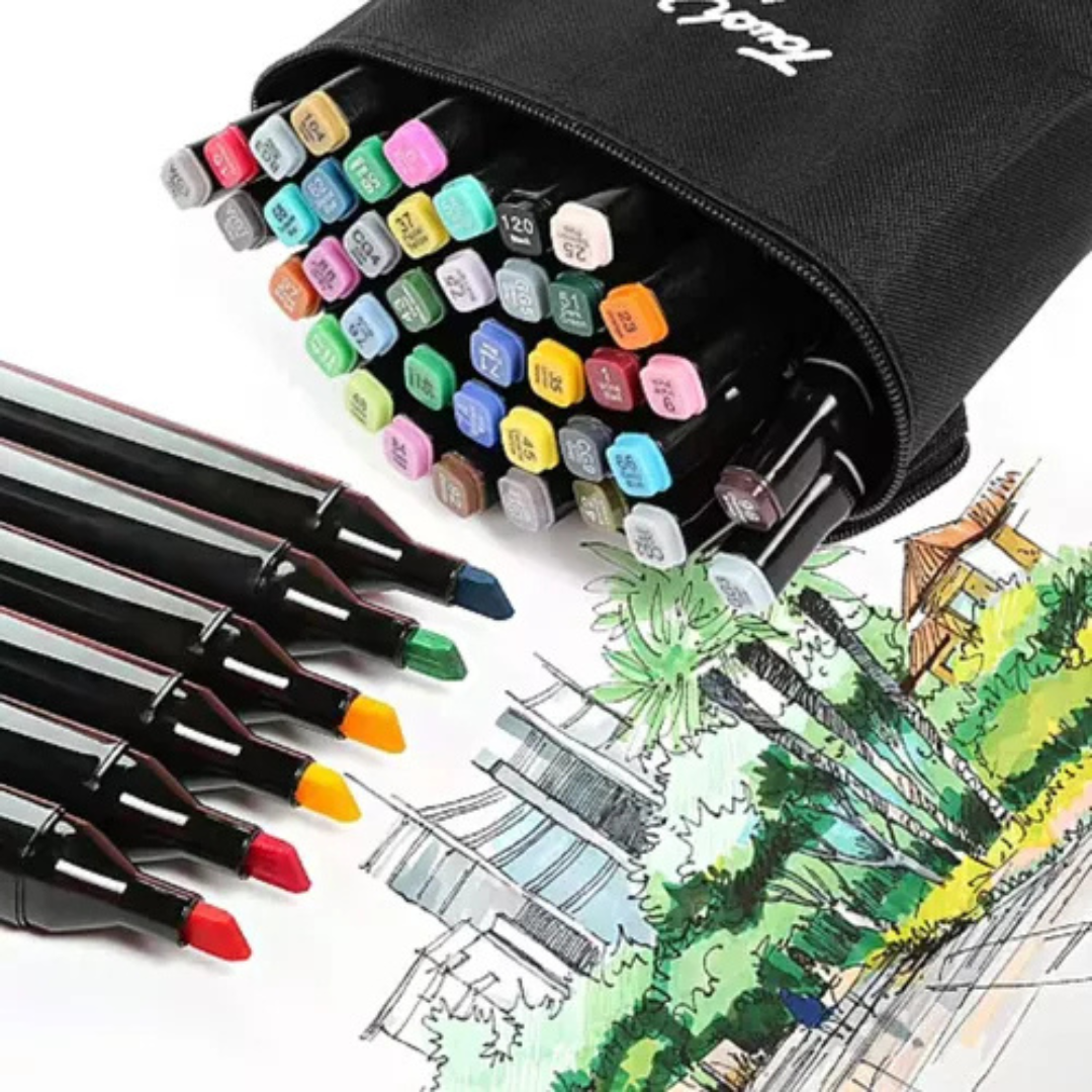 Kit Caneta Colorida Ponta Dupla 24Pçs com Estojo (Versão Pretas ou Brancas)